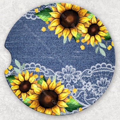 Car Coaster Set - Denim And Sunflowers