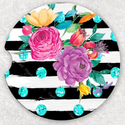 Car Coaster Set - Floral And Stripes