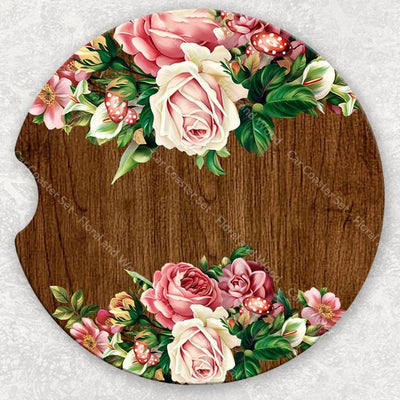 Car Coaster Set - Floral And Wood